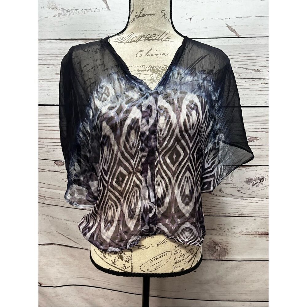 LANGUAGE XS Sheer Top Blouse Kimono‎ Sleeve Tie Dye Black Patterned